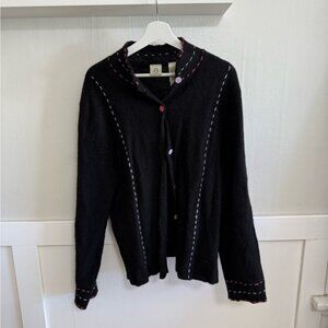 Vintage Wool Black Cardigan with Contrast Stitching